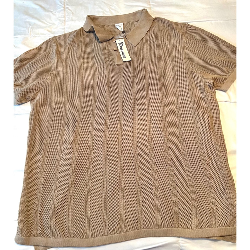 NWT No Boundaries 2XL (50-52) Men's Knit Polo Shirt Taupe Brown Crochet Mesh